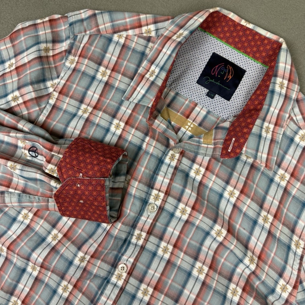 JOHN LENNON Mens Large Gingham Check Button Flip Cuff Shirt Orange Floral Trim